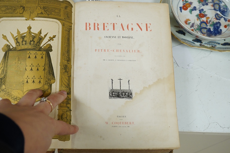 Pitre-Chevalier - La Bretagne: ancienne et moderne. armorial frontis. in gold, num. illus. incl. steel engraved and coloured armorial plates, engraved costume plates, 2 coloured maps and text illus.; contemp. mottled cal